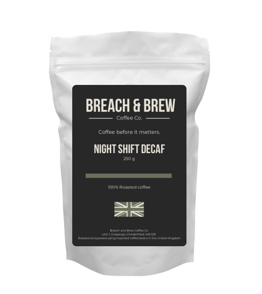 Breach & Brew Coffee Co. Night Shift Decaf coffee package on a white background